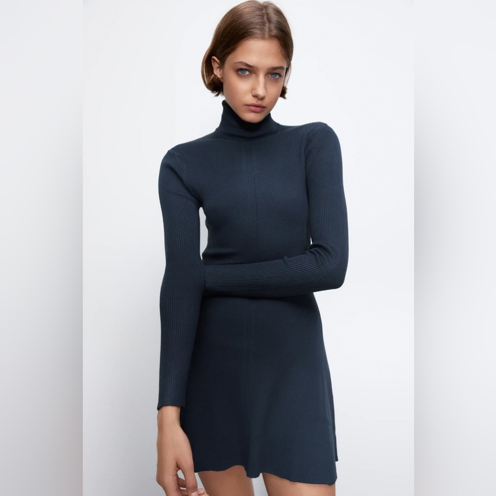 Zara Knit Mini Blue Mock Neck Dress